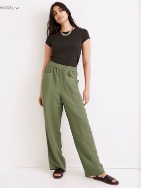 NWOT Madewell Olive Wide-Leg Linen blend pull on Pants with Elastic Waist